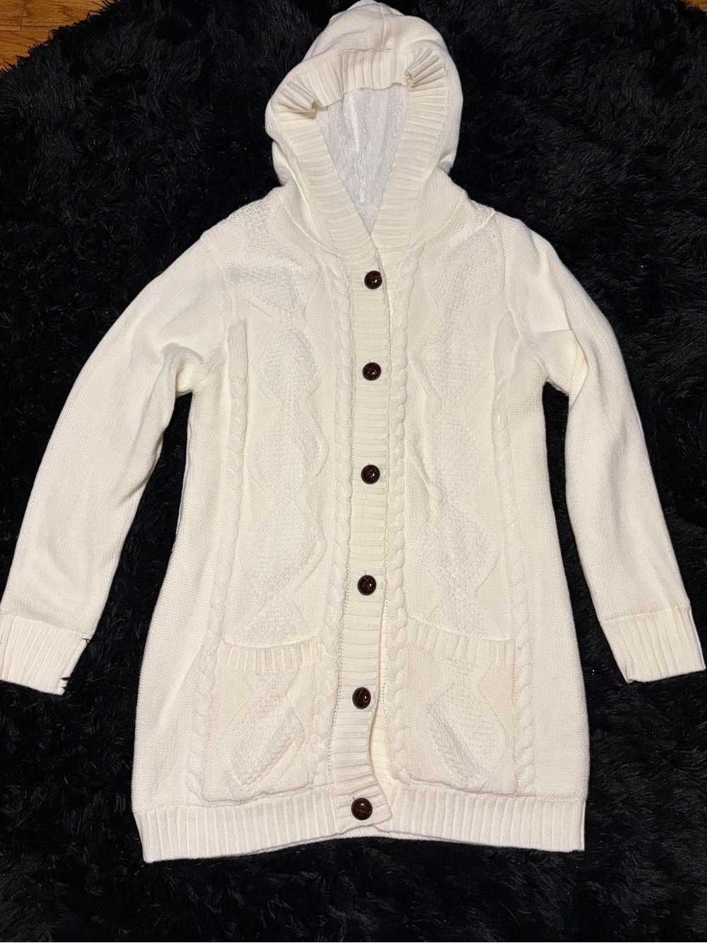 Cream Hooded Cable Knit Button-Up Sweater with Cozy Lining
